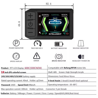 LCD Electric Bike Meter 600C Display for For bafang Motor BBS01/02 BBSHD